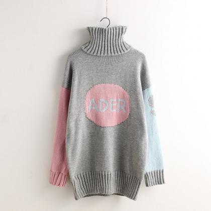 High Neck Contrast Color Pullover Knit Long..