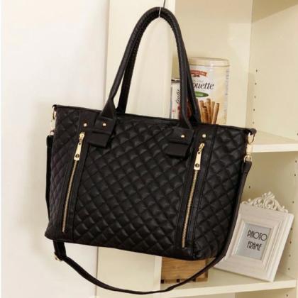 Black Retro Women Office Lady Quilted Shoulder..
