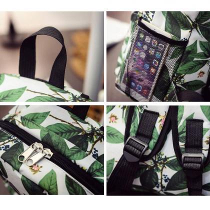 Green Leaves Print Fashion School Backpack