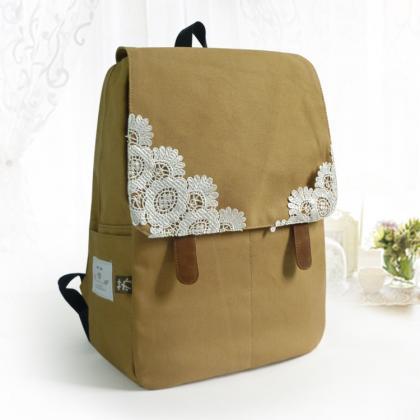 Canvas Backpack With Lace Adorned Fold Over Cover