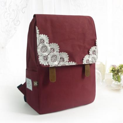 Canvas Backpack With Lace Adorned Fold Over Cover
