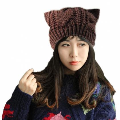 Women Horns Cat Ear Crochet Braided..