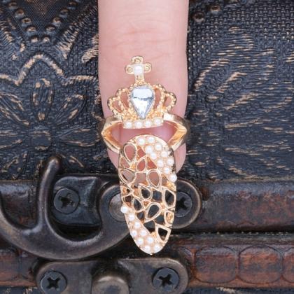 Fashion Bowknot Crown Crystal Finger Nail Art Ring..