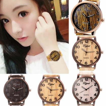 Vintage Style Women Analog Wooden Synthetic..