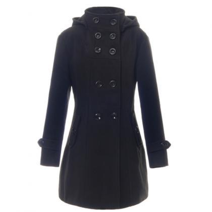 Double Button Hooded Long Sleeves Mid-length Wool..