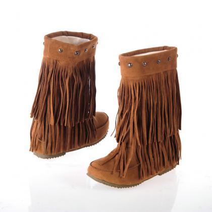 Women Suede Double Tiered Fringe Boots With Beaded..