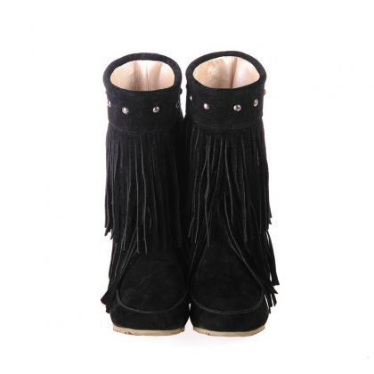 Women Suede Double Tiered Fringe Boots With Beaded..