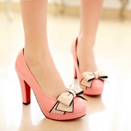 Sweet Candy Colored Low-cut Bowknot Chunky Heels..
