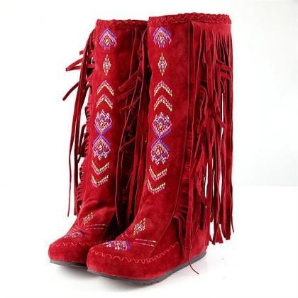 Women Tall Bohemian Suede Boots Featuring Fringes..