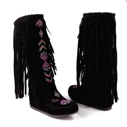 Women Tall Bohemian Suede Boots Featuring Fringes..