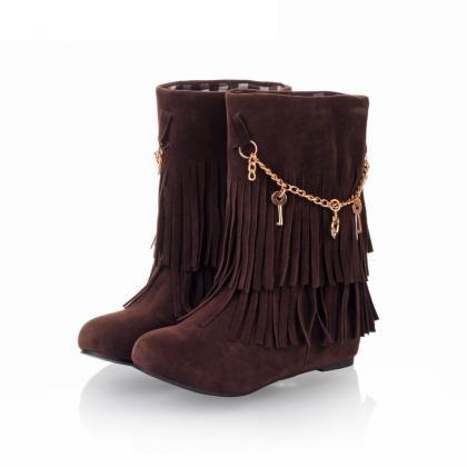 Women Suede Double Tiered Fringe Boots Adorned..