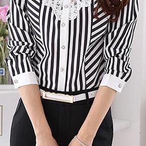 Turn-down Collar Long Sleeves Plus Size Striped..