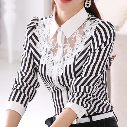 Turn-down Collar Long Sleeves Plus Size Striped..