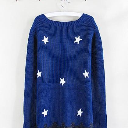 Dropped Shoulder Stars Korean Knit Long Sweater