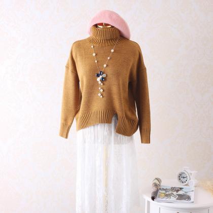Knitted Turtleneck Long Cuffed Sleeves Sweater..