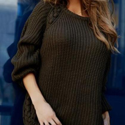 Scoop Knit Solid Loose Long Pullover Sweater