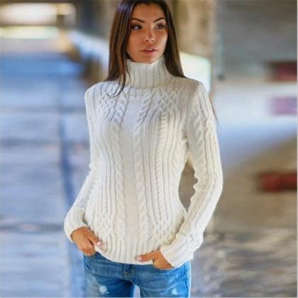 Cable High-neck Solid Slim Pullover..
