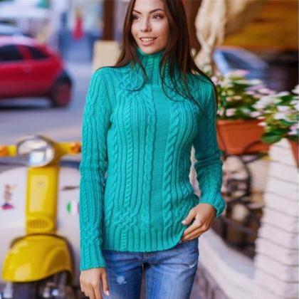 Cable High-neck Solid Slim Pullover..