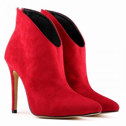 Suede Pointed Head High Heel Zippered Ankle Boots