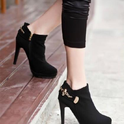 Fashion Sexy High-heeled Metal Buckle Ankle Boots