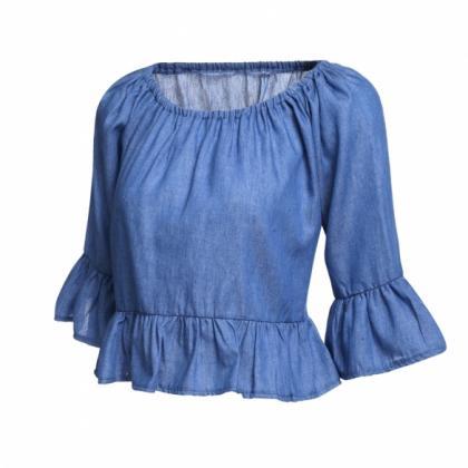Round Neck Blue Crop Top With 3/4 Length Ruffled..