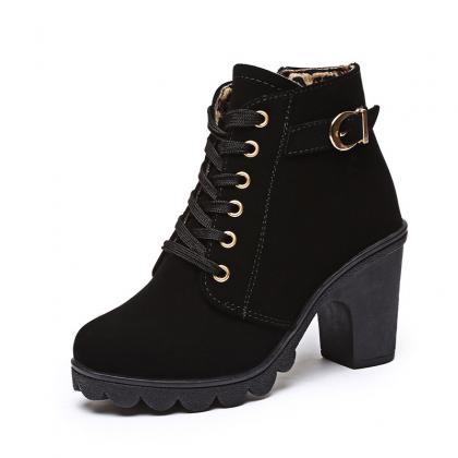 Fall Lace Up Belt Buckle Chunky Heel Martin Boots
