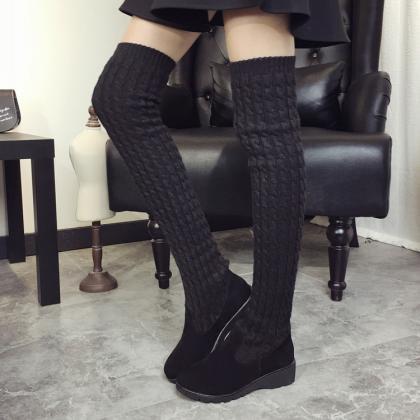 Fashion Knee-high Wool Canister Flat Warm Boots
