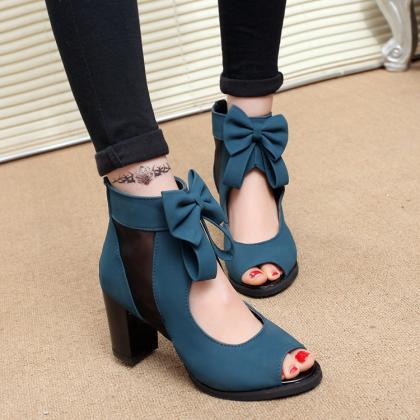 Leisure Mesh Bowknot Peep-toe High-heeled Sandals