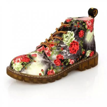 Floral Print Military-style Ankle Boots