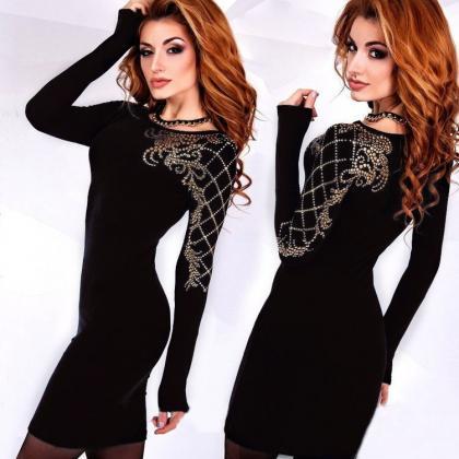 Scoop Slim Long Sleeve Print Black Short Dress