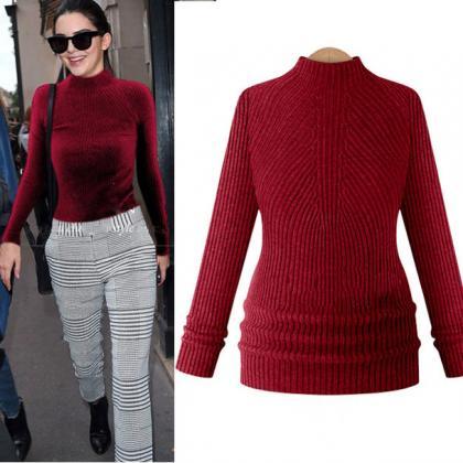 High-neck Slim Solid Knit Short Pullover Sweater