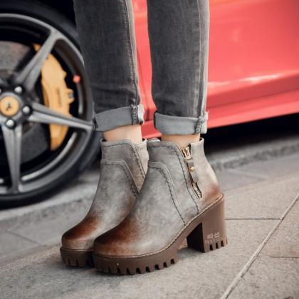 Chunky Heels Ankle Boots With Side Zippers