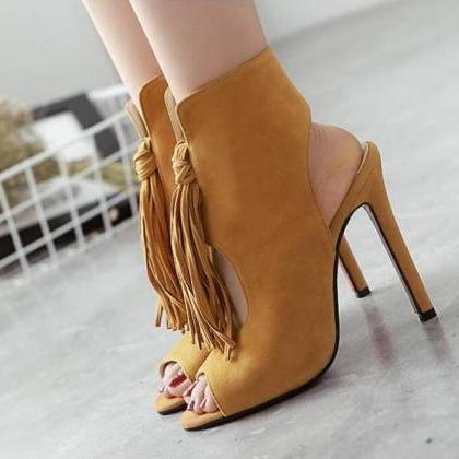 Suede Tassel Peep Toe High-heeled Sandals