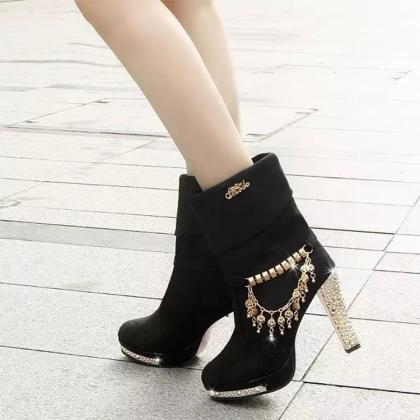 High Heeled Pure Color Metal Tassel Boots