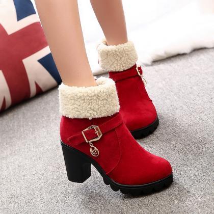 Fashion Chunky Heel Belt Buckle Lambs Wool Boots