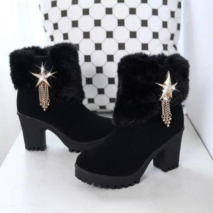 Casual Warm Faux Fur Ankle Boots With Star Tassels
