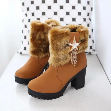Casual Warm Faux Fur Ankle Boots With Star Tassels