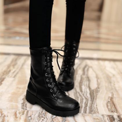 Classic Black Lace Up Flat Short Boots