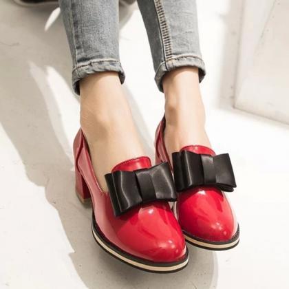 Spring Autumn Pointed Bowknot Chunky Heel Shoes