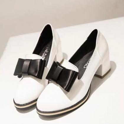 Spring Autumn Pointed Bowknot Chunky Heel Shoes
