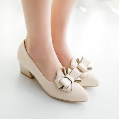 Faux Leather Bow Accent Pointed-toe Block Heels