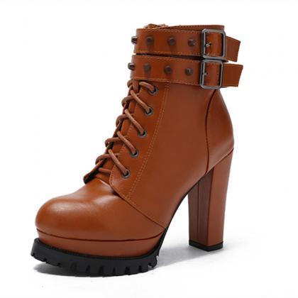 Round Head Ankle Strap Rivet Short Boots