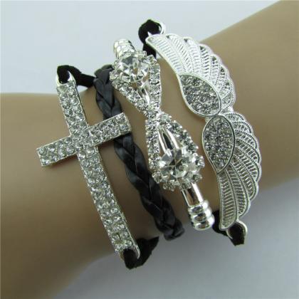 Diamond Angel Wings Eight Cross Leather Cord..