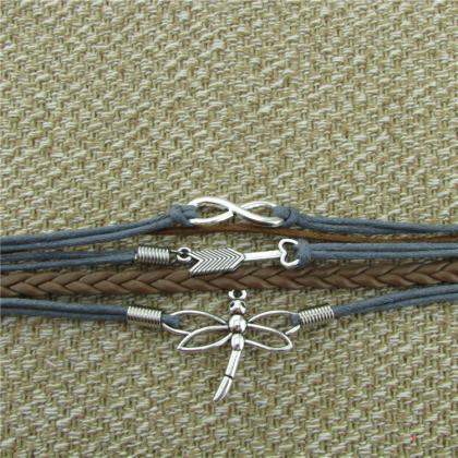 Dragonfly Eight Heart Arrow Leather Bracelet