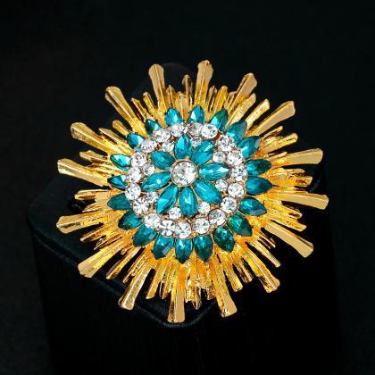 Sapphire Crystal Sunflower Brooch