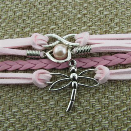 Dragonfly Heart Pearl Leather Cord Bracelet