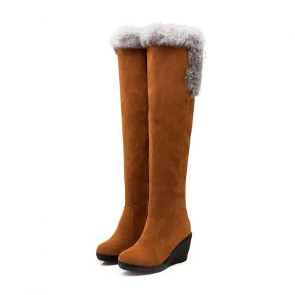 Elegant Wedge Over-knee Stretch Fox Fur Boots