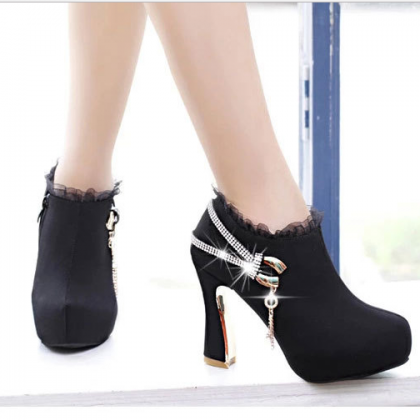 High Chunky Heel Lace Side Zippers Boots