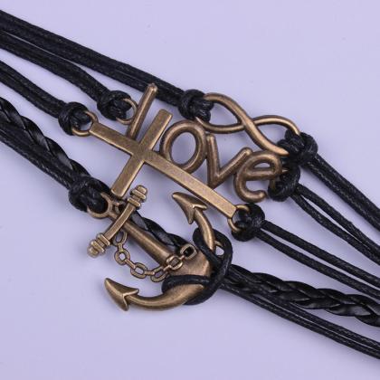 Cross Anchor Black Rope Woven Bracelet
