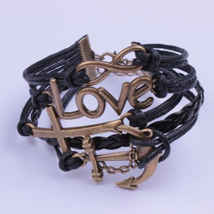 Cross Anchor Black Rope Woven Bracelet